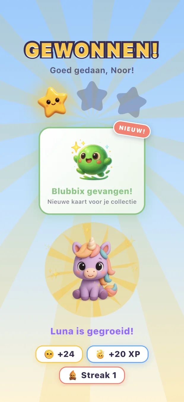Het beloningsscherm na een gewonnen ronde