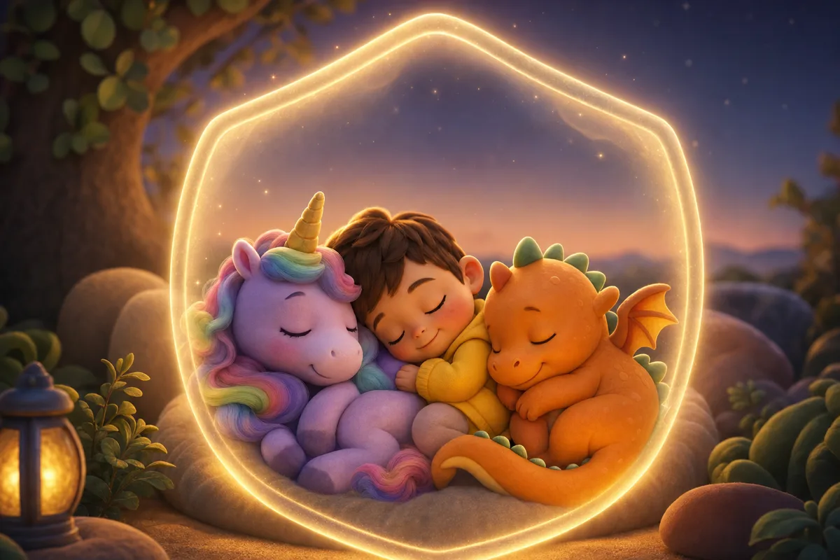 Het kind slaapt beschut tussen de eenhoorn en de draak